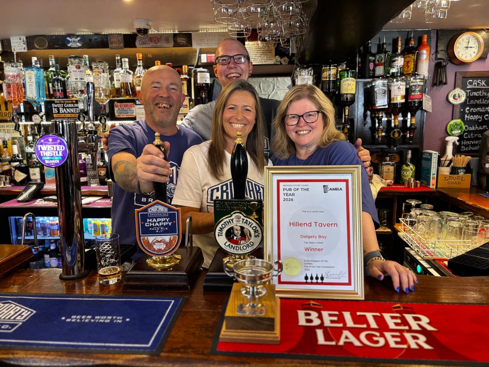 The team behind the bar with the CAMRA Fife Pub of the Year 2026 award